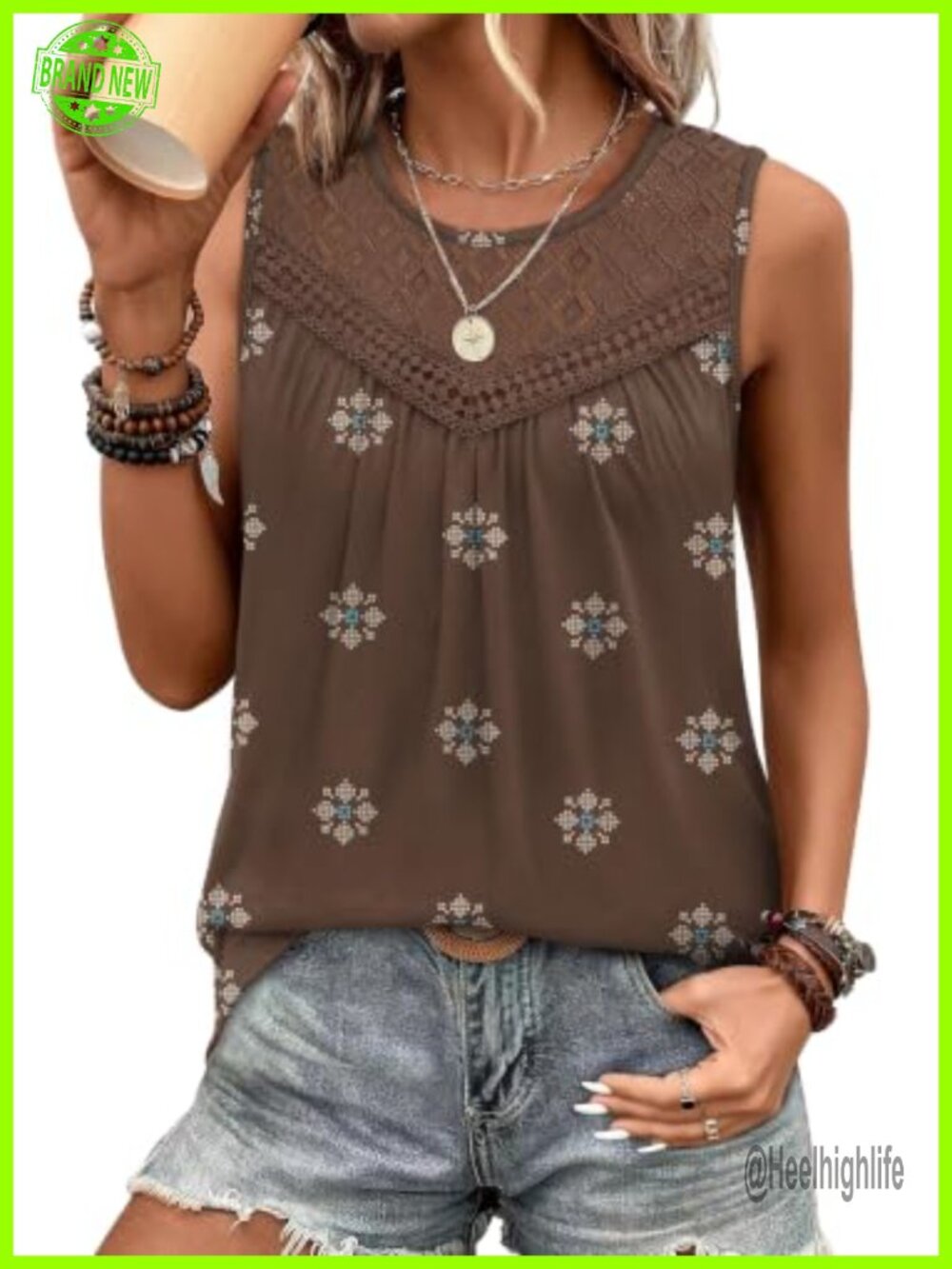 Womens Sleeveless Lace Crochet Boho Tank Top Loose Fit Pleated Tunic